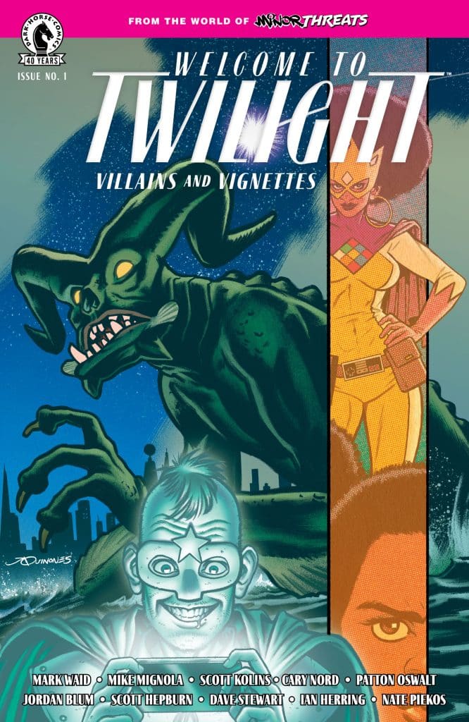 Comic book cover titled 'Welcome to Twilight: Villains and Vignettes' featuring a green creature, a smiling character with a star on their forehead, and a woman in a colorful costume, with city skyline in the background.