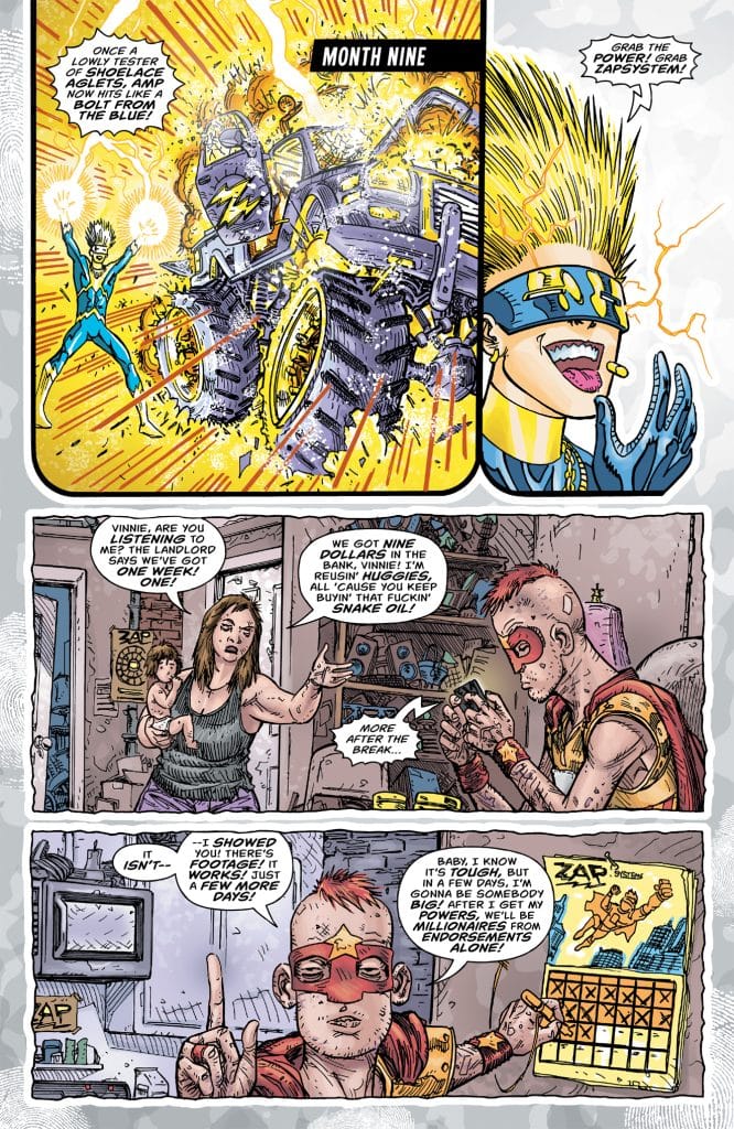 A colorful comic book page featuring two characters in a discussion about superhero abilities and a product called Zap System. The top panel shows an explosion and a character in a flashy costume associated with lightning, while the bottom panels depict a conversation between a woman and a man with a red mohawk and mask.