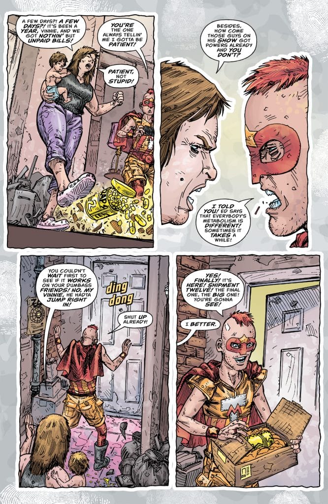 A comic book scene featuring two main characters arguing, with one character holding a child and the other wearing a superhero costume. The background shows a messy room with scattered items. Dialogue bubbles convey frustration and anticipation about receiving a shipment.