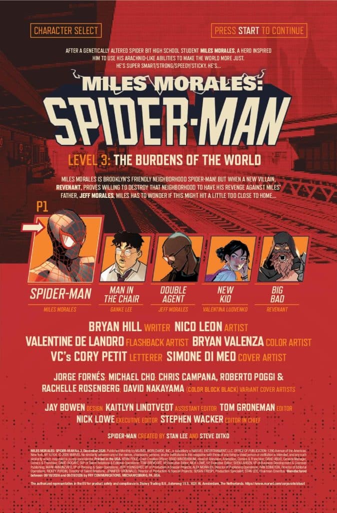 Image featuring the cover of 'Miles Morales: Spider-Man' video game, showing characters and a storyline overview. Includes a character select section with images of Spider-Man, Ganke Lee, Jeff Morales, Valentina Liudvenko, and the antagonist Revenant. Lists creators like Bryan Hill and Nico Leon.
