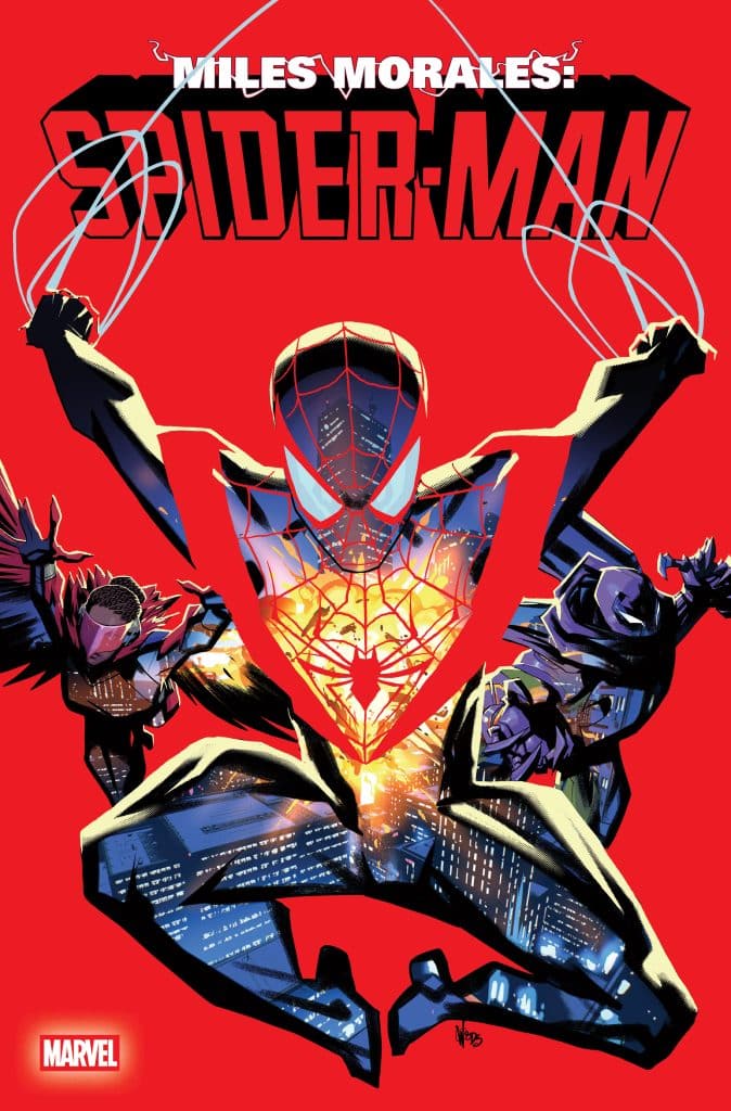 Comic book cover featuring Miles Morales as Spider-Man, with a red background and the title prominently displayed. The character is in an action pose, with web-shooters extended, surrounded by stylized city lights.