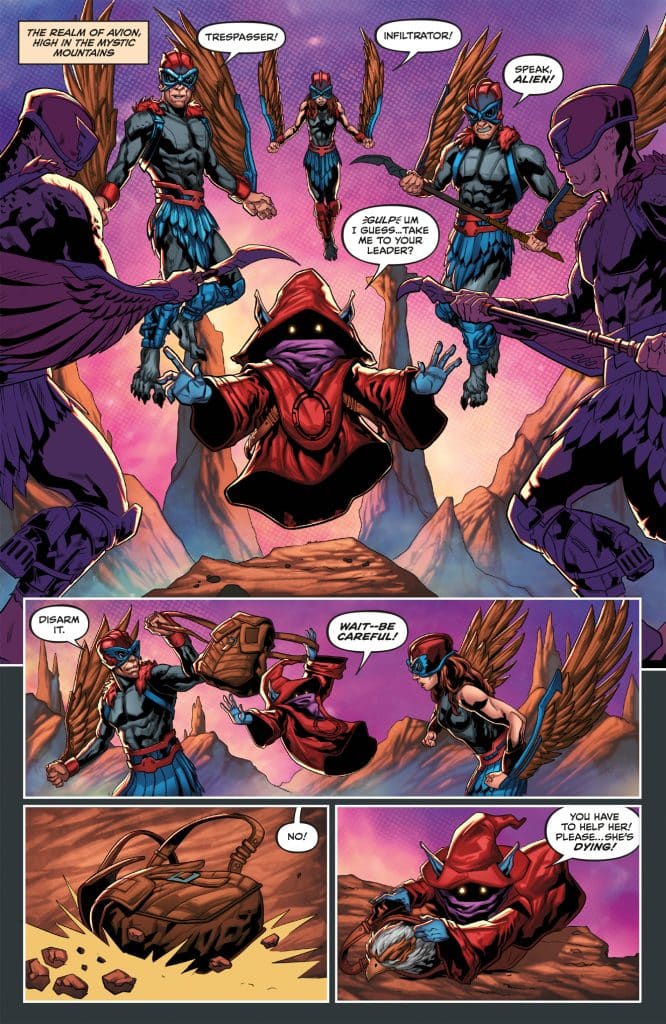 A comic page depicting a confrontation in a fantasy setting. Characters with wings and colorful costumes accuse a small cloaked figure of trespassing, while the cloaked figure appears anxious and requests to be taken to their leader. There is a sense of urgency as one character pleads for help, suggesting a serious situation involving another character in distress.