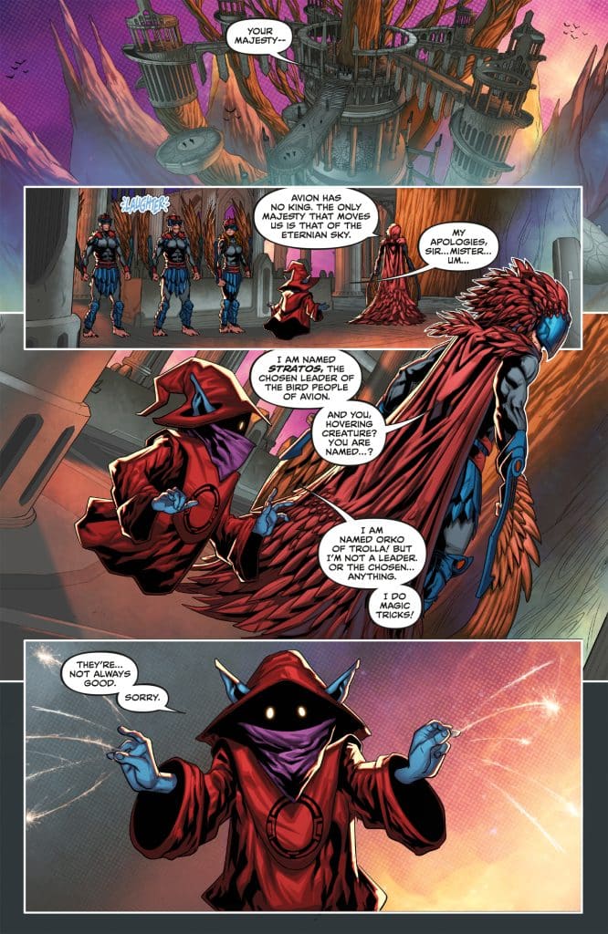 A comic book panel featuring two characters, one in a red hooded robe and the other a bird-like humanoid, discussing leadership and magic in a colorful fantasy setting.