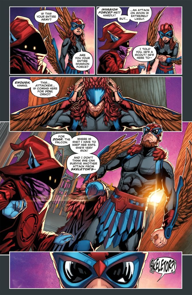 A comic book page featuring a dialogue between characters in superhero costumes, one with an avian theme and the other in a dark cloak. The scene includes vibrant colors and dynamic poses, conveying a sense of urgency and tension.