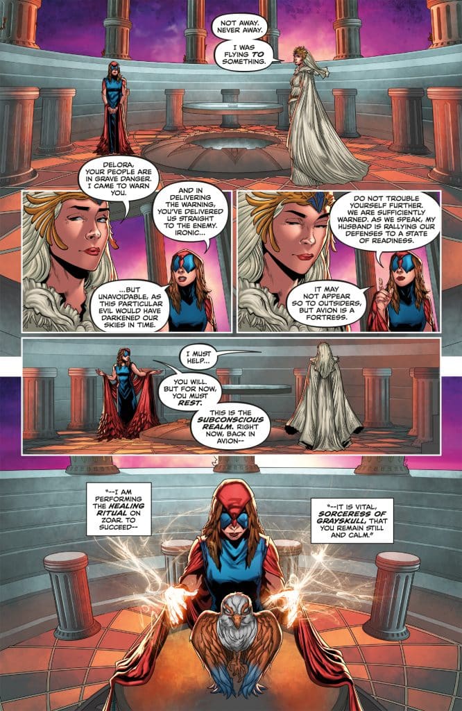 A comic panel depicting a conversation between two female characters in a mystical setting. One character in a red and blue outfit is performing a healing ritual with an owl, while another character in a white gown stands nearby, expressing concern and offering advice.