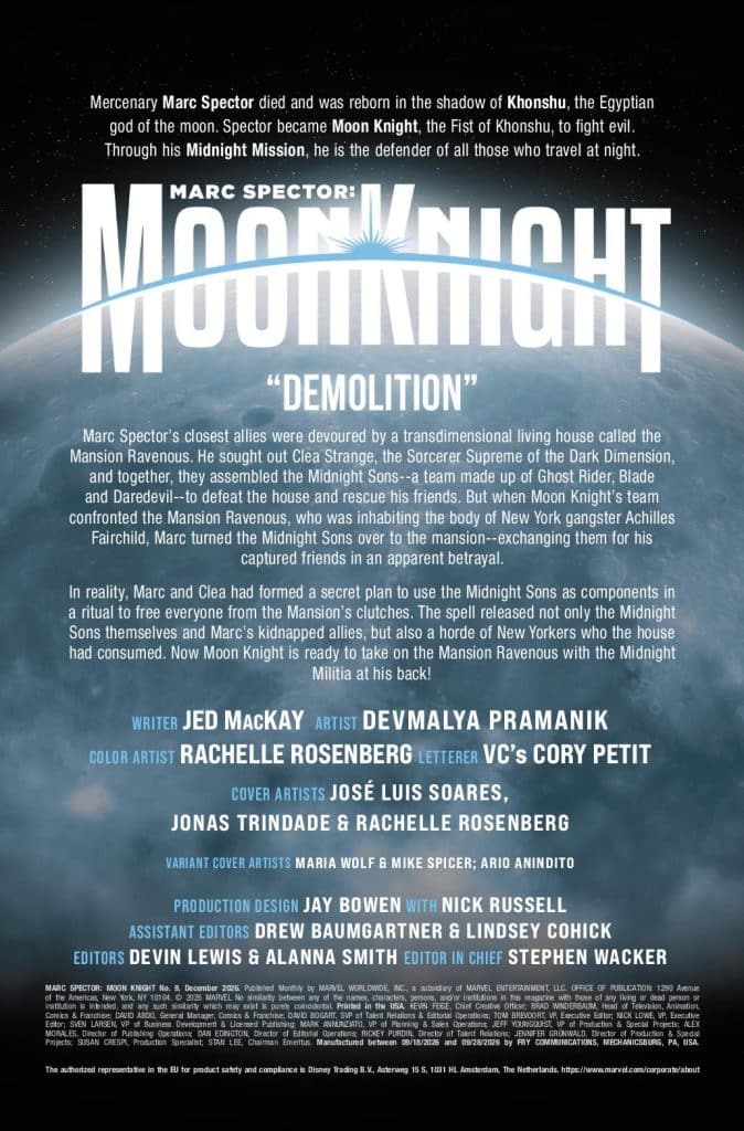 A promotional poster for 'Marc Spector: Moon Knight - Demolition', featuring the main character Moon Knight. The background shows a cosmic scene with Earth, highlighting the storyline involving Marc Spector and his allies battling a living house called Mansion Ravenous.