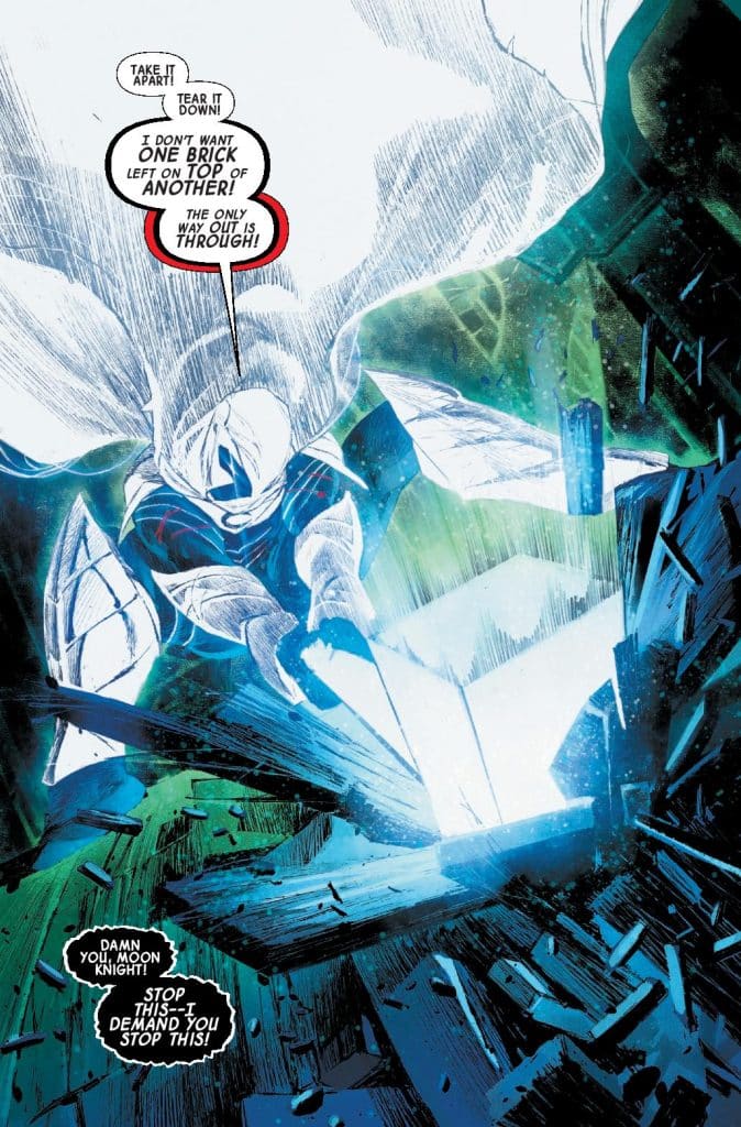 A comic book scene depicting a character in a dramatic pose, seemingly breaking through debris. The character is wearing a distinctive outfit and surrounded by vibrant colors. Speech bubbles convey intense dialogue about destruction and urgency.