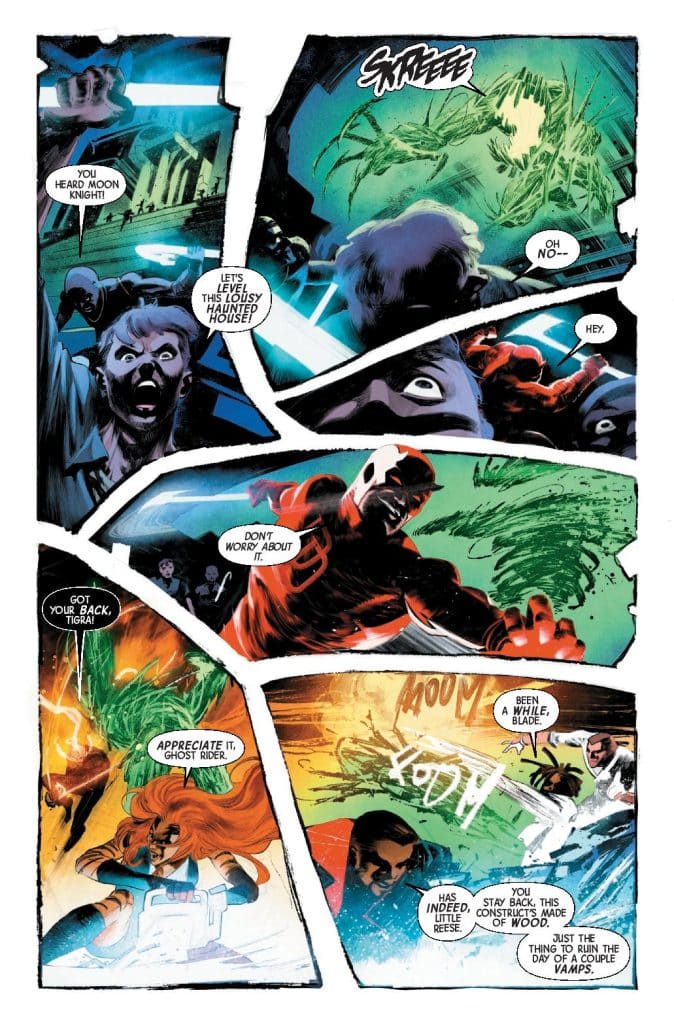 A comic book page featuring a group of superheroes in action. Characters like Moon Knight and Tigra are shown reacting to a supernatural threat in a haunted house setting. The panels depict expressions of surprise and determination, with dramatic action lines and dialogue emphasizing the urgency of the situation.