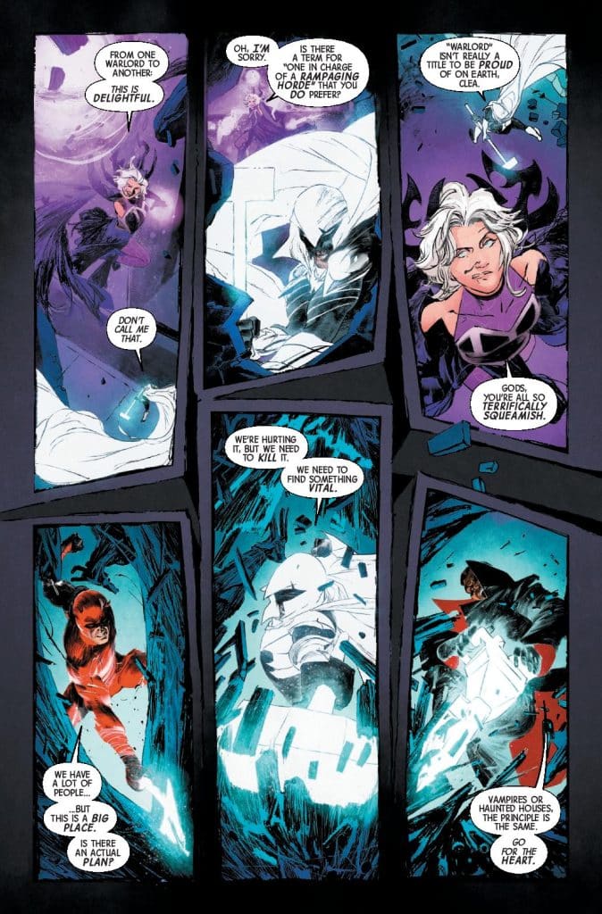 Comic book panel featuring a conversation between characters about leadership and battle strategy, set against dark, dynamic backgrounds with bright accents.