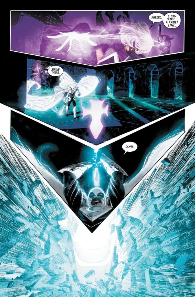Comic book panel depicting a character pointing with an ethereal hand gesture, instructing another character to strike a specific area. The scene is illuminated with a blue and purple color scheme, showing a powerful magical action with debris flying around.