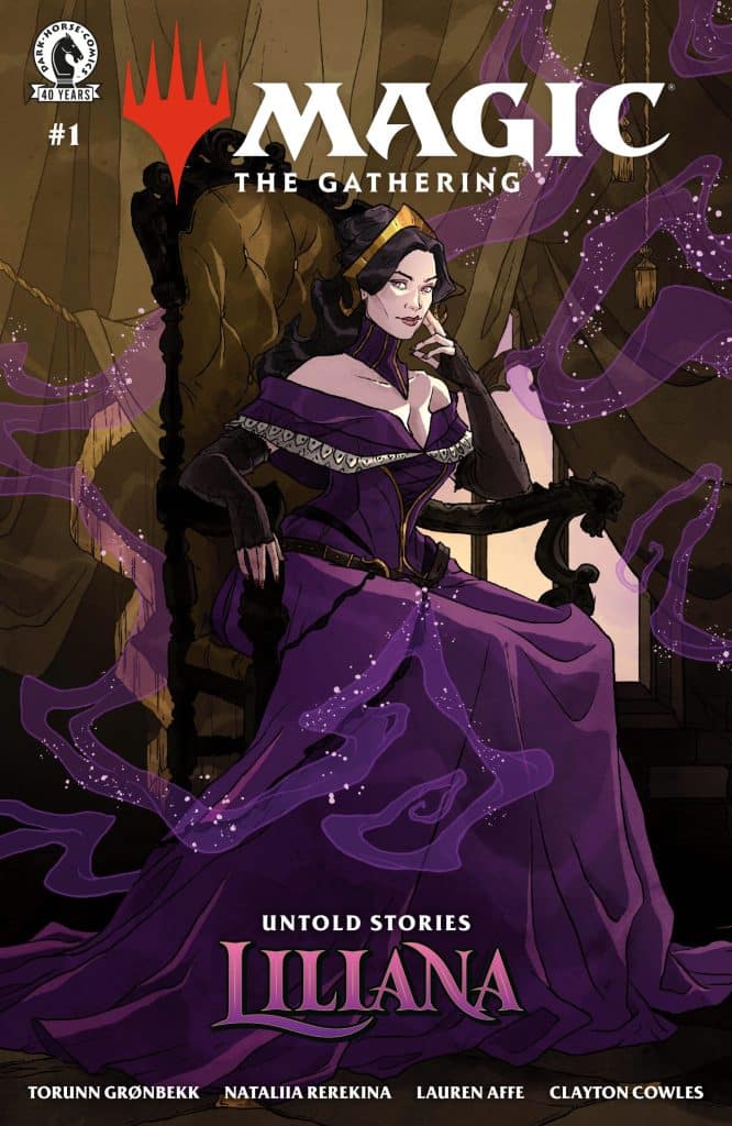 Cover of 'Magic: The Gathering' comic titled 'Untold Stories: Liliana', featuring a dark-haired woman in a purple gown sitting on a throne with mystical wisps around her.