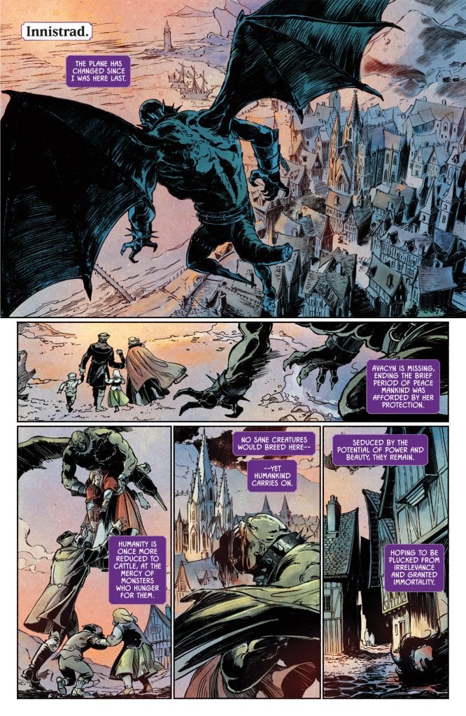 An illustrated scene from the fantasy plane of Innistrad, featuring a large, shadowy creature with bat-like wings looming over a dark, gothic town. The background includes medieval buildings and a haunting landscape, while various characters interact below, depicting a sense of tension and a struggle against malevolent forces.