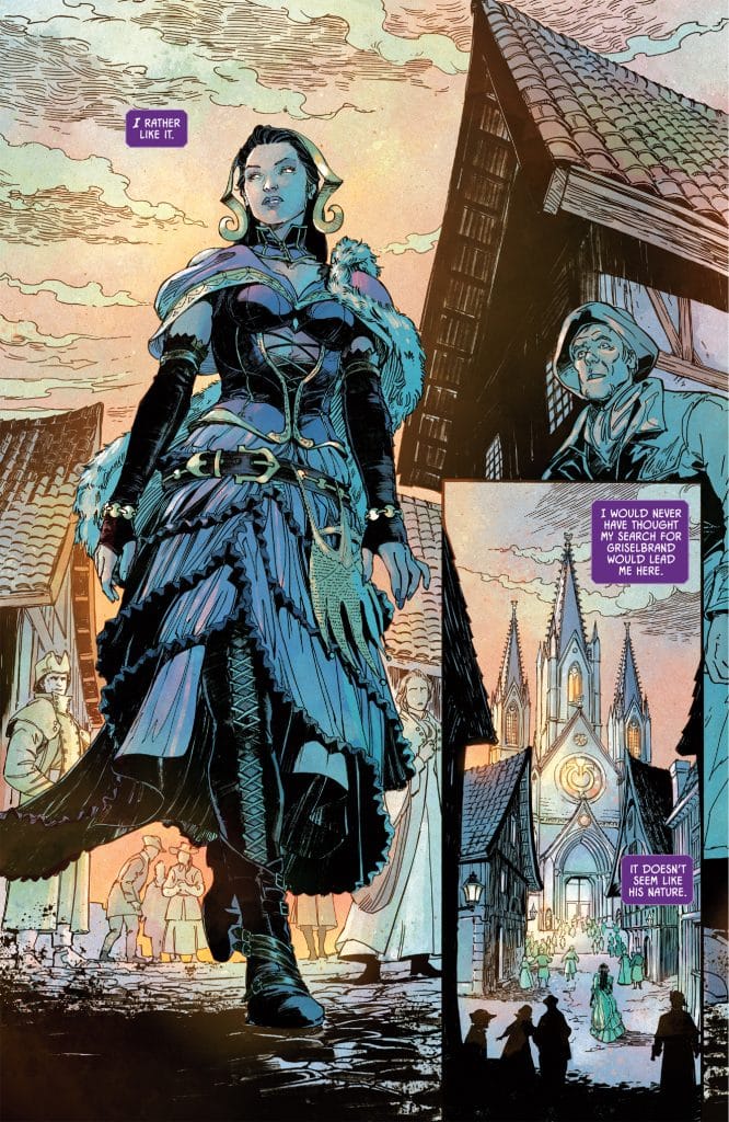 A mysterious woman in elegant dark attire walks confidently through a medieval town, buildings and a church visible in the background. Speech bubbles indicate her reflections on her surroundings.
