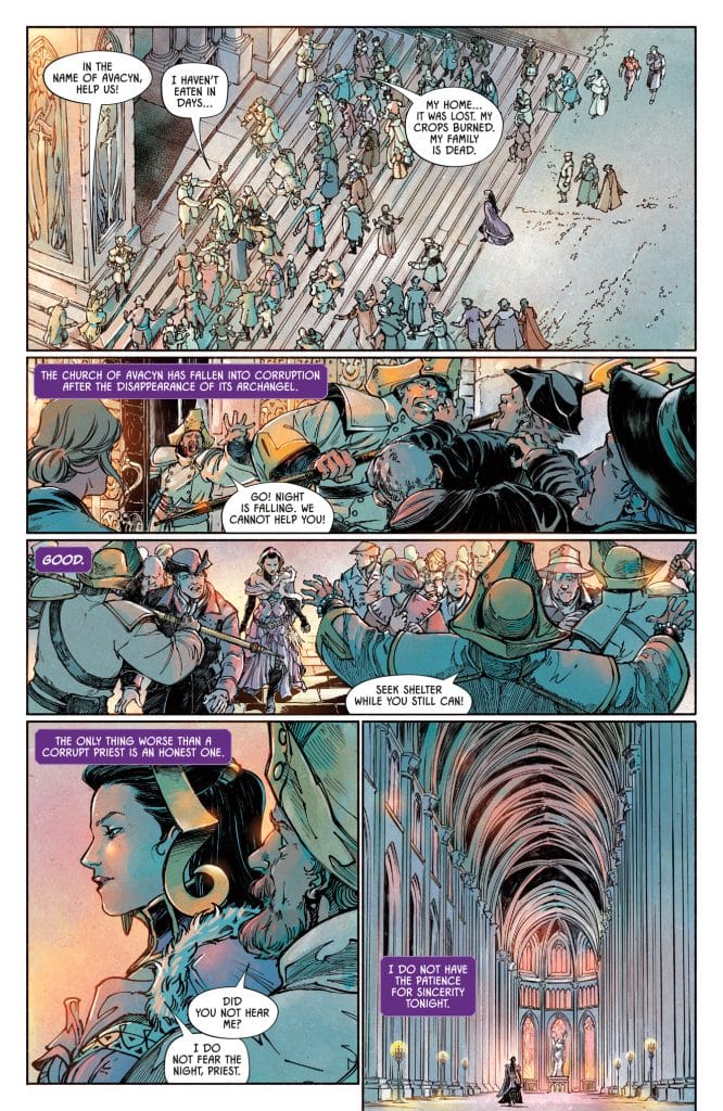 A chaotic scene outside a grand church, with a large crowd expressing despair and desperation as they seek help amidst claims of corruption and lost faith.