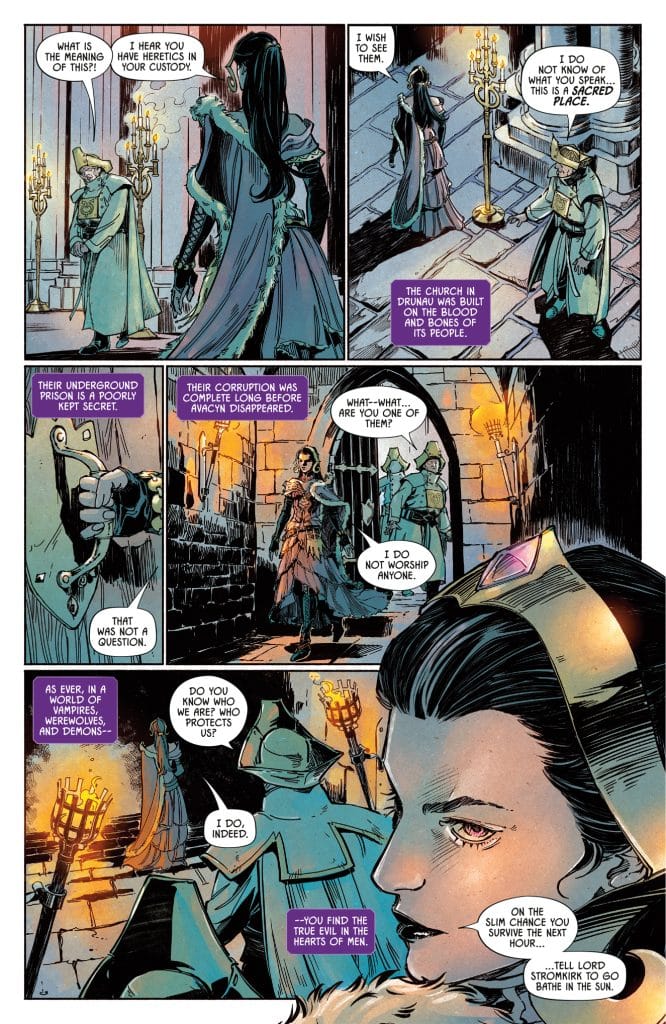 A dialogue scene from a comic book featuring two characters in a dimly lit, sacred-looking environment. One character is dressed in a regal outfit with a crown, while the other wears a hooded cloak and appears to be questioning her. The setting includes candles and gothic architecture, suggesting a dark fantasy theme.