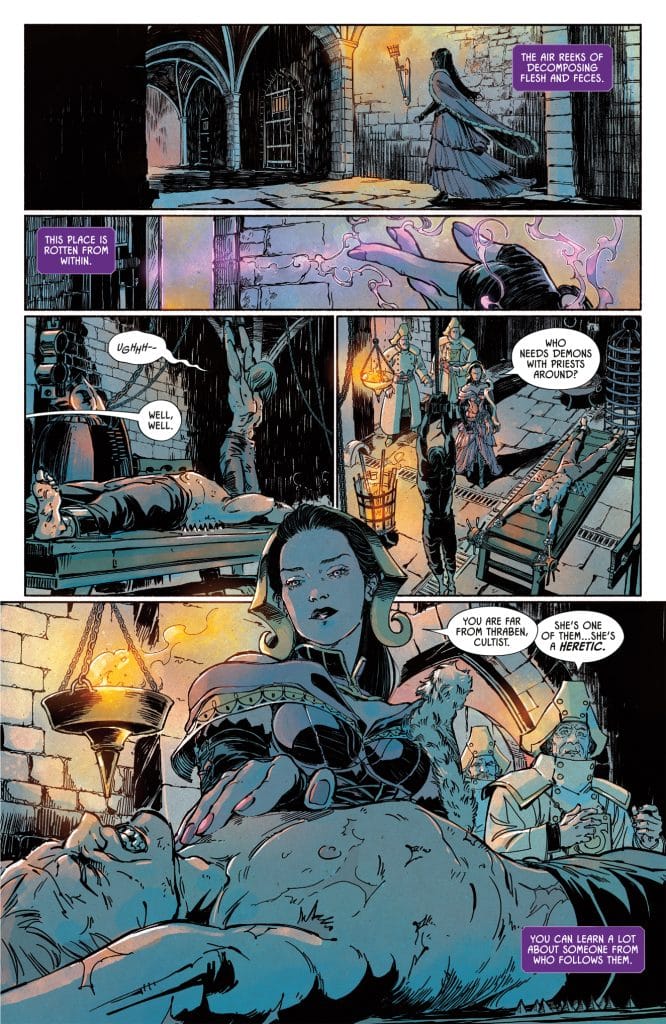 A dark and moody illustrated scene depicting a character in a gothic setting, with stone walls and torches. The character appears to be confronting others, while another figure lies on a table in the foreground. Dialogue boxes indicate tension and conflict regarding heresy and cultism.