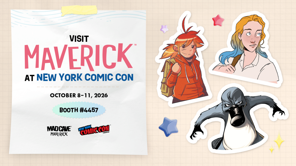 Promotional graphic for Maverick at New York Comic Con, featuring event dates October 8-11, 2026, booth number #4457, and illustrations of animated characters.