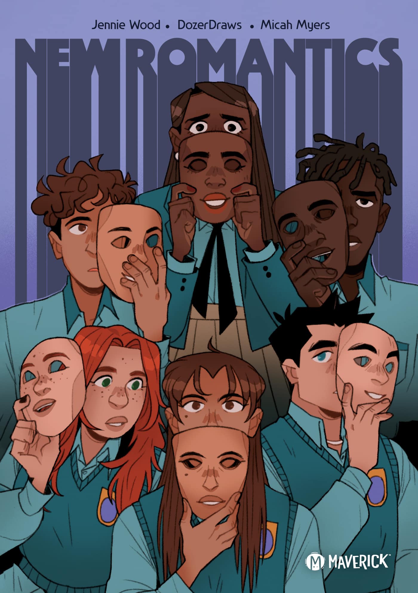 Illustration featuring a diverse group of young people in school uniforms, each with facial masks or expressions that convey various emotions. The artwork has a colorful and stylized design, highlighting the title 'New Romantics' prominently in the background.