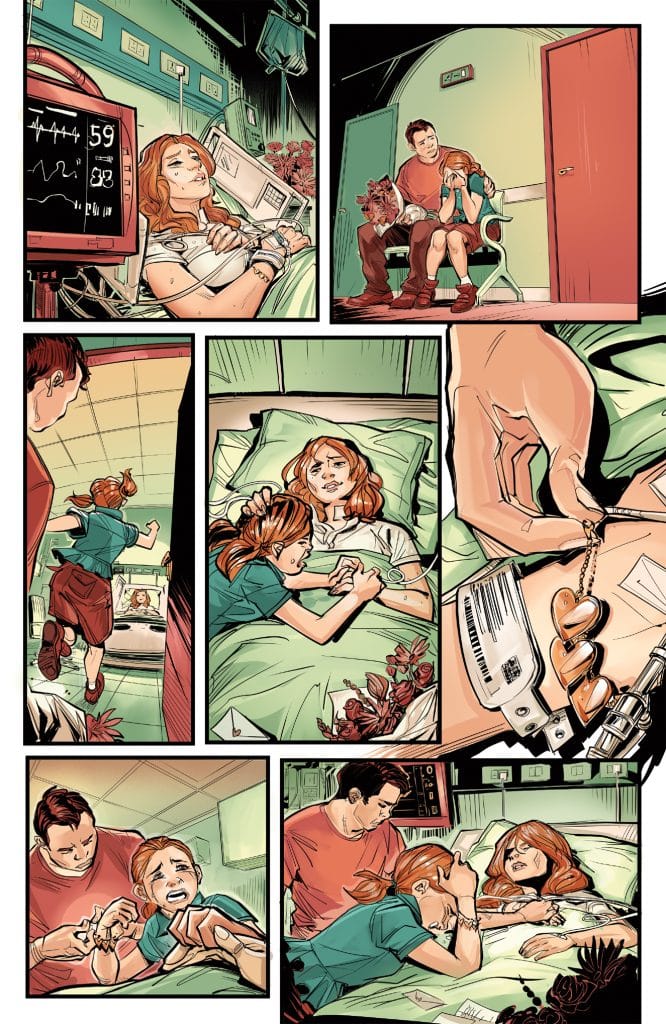 A hospital scene featuring a woman in a hospital bed, monitored by medical equipment, with a concerned family member by her side. A child is depicted running down the hospital corridor.