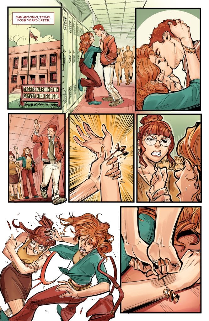 Comic panel showing a high school hallway with lockers, featuring a couple kissing