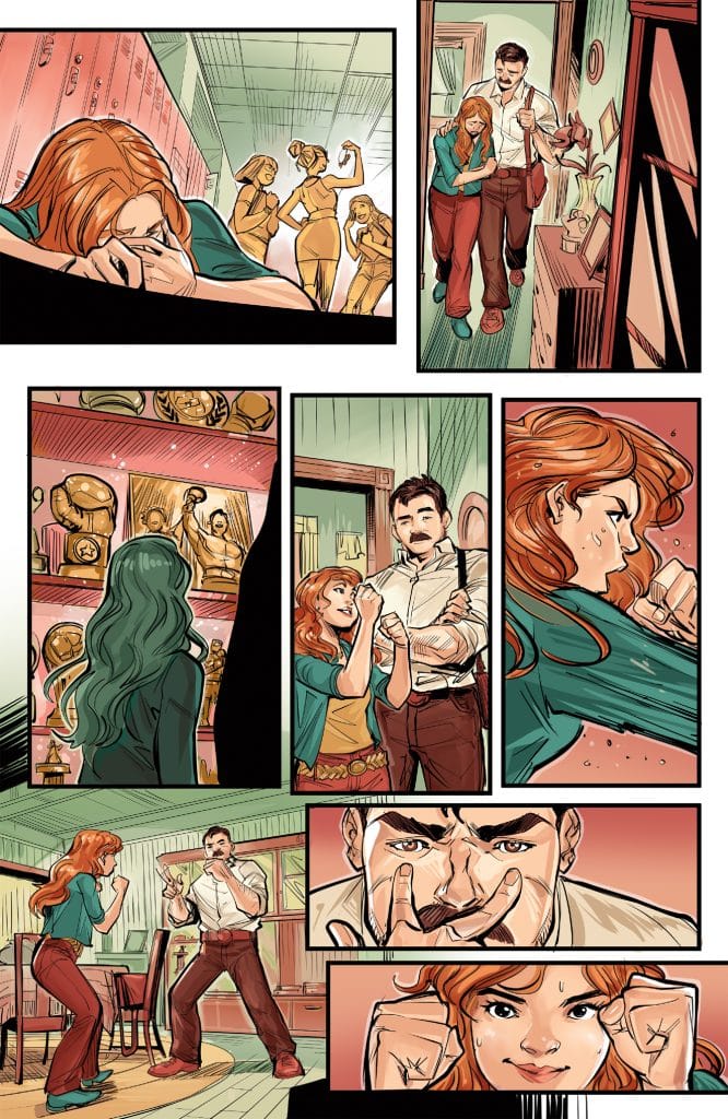 A comic panel showing a woman with red hair distressed, resting her head on a desk, while three confident women with ponytails pose behind her.