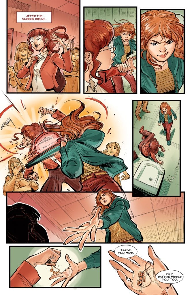 A comic page depicting a school scene with students. The first panel shows a girl with red hair after summer break. Other panels illustrate a conflict where one girl is pushed, leading to an emotional moment with hands reaching out and a message about love.