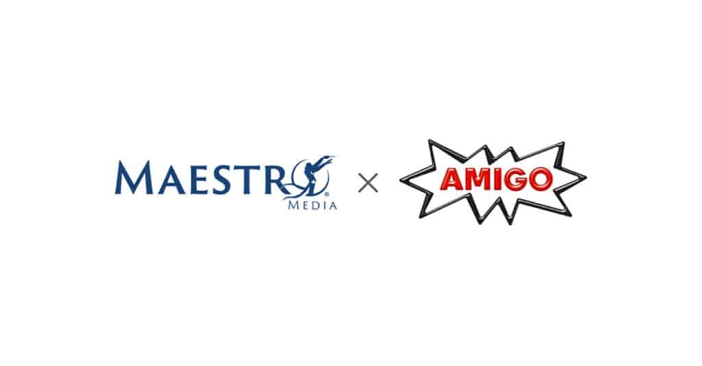 Logo of Maestro Media combined with Amigo in a collaborative graphic design.