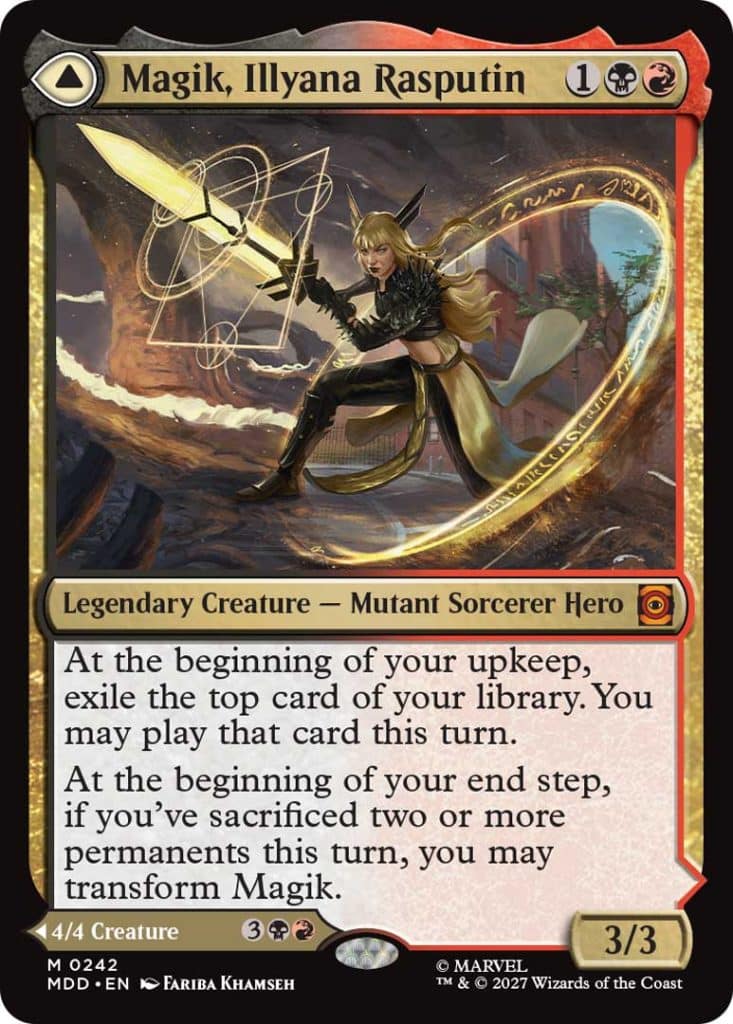 A fantasy card featuring Magik, Illyana Rasputin, a legendary mutant sorcerer hero wielding a glowing sword and surrounded by mystical symbols.