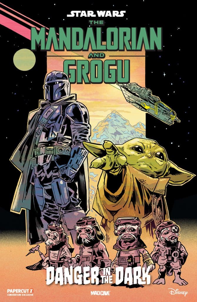 A comic book cover featuring 'The Mandalorian and Grogu' with the title 'Danger in the Dark'. The artwork includes the Mandalorian character, Grogu (also known as Baby Yoda), and several Ewoks, set against a cosmic background.