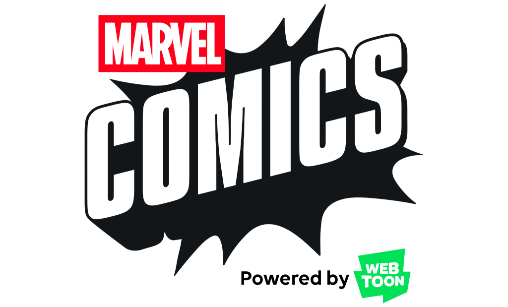 Logo featuring 'MARVEL COMICS' in bold typography with a comic-style explosion backdrop, highlighted by 'Powered by WEBTOON' in green.