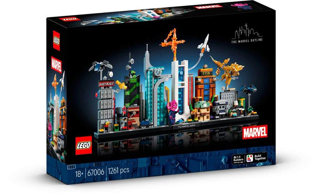 LEGO Marvel Skyline set packaging featuring various iconic buildings and characters from the Marvel universe, designed for ages 18 and up.