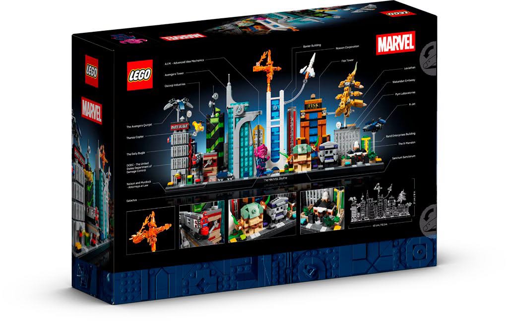 LEGO Marvel set box featuring a colorful illustration of various Marvel buildings and landmarks, including the Avengers Tower and Fisk Tower, with labeled details and smaller images of the set's features.