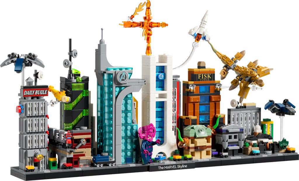 A colorful LEGO model depicting a skyline inspired by Marvel, featuring iconic buildings such as the Daily Bugle and Avengers Tower, along with superhero figures and vehicles.