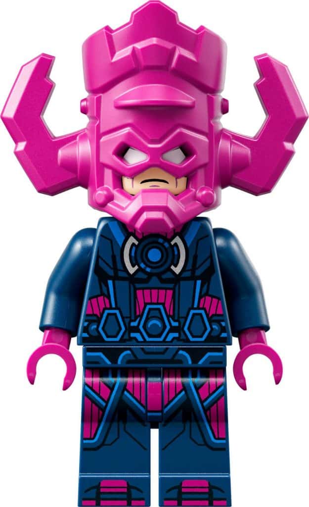 A LEGO figure of a character with a large pink helmet and claws, wearing a blue and pink outfit with an intricate design.