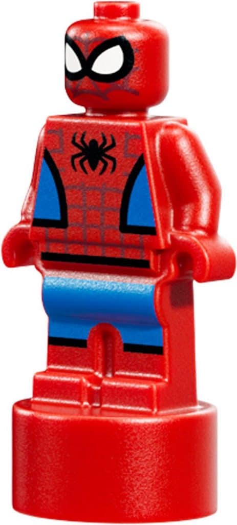 A red and blue superhero figurine resembling Spider-Man, standing upright, featuring a distinctive mask and web patterns.