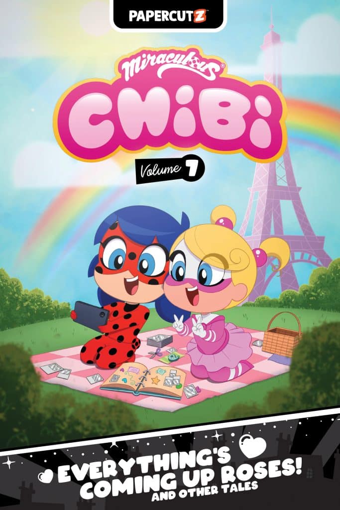 A colorful comic cover featuring two chibi-style characters sitting on a picnic blanket. One character has a ladybug costume and the other is wearing a pink dress. They are surrounded by a vibrant landscape with the Eiffel Tower in the background and a rainbow in the sky. The title 'Miraculous CHIBI Volume 7' is prominently displayed at the top.