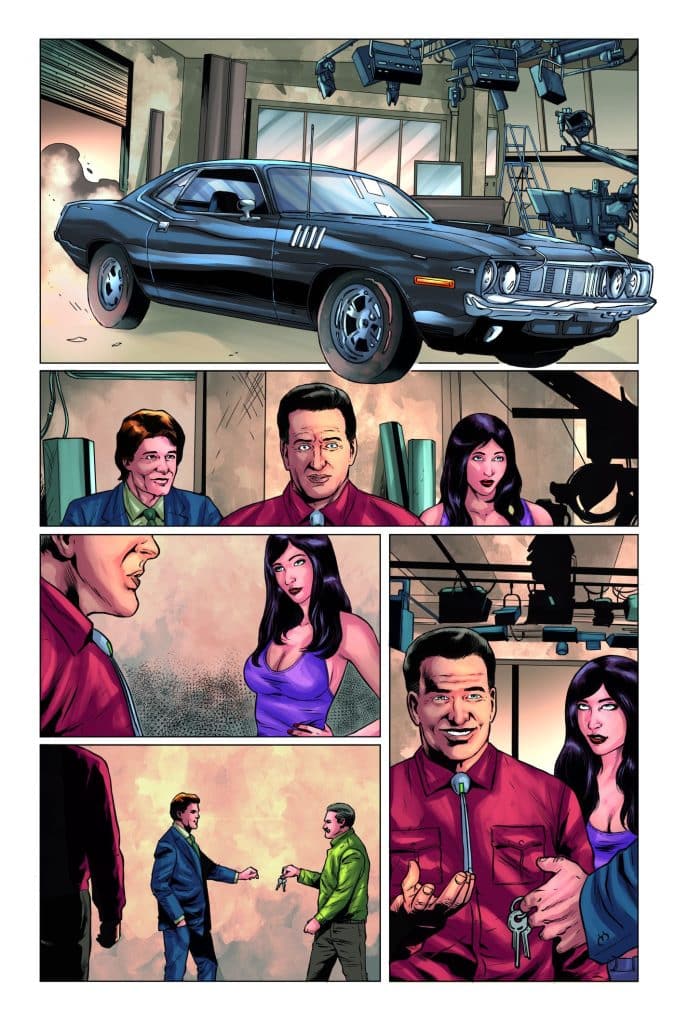 A black classic car in a studio setting with film equipment, accompanied by a group of characters engaged in conversation, including two women and three men.