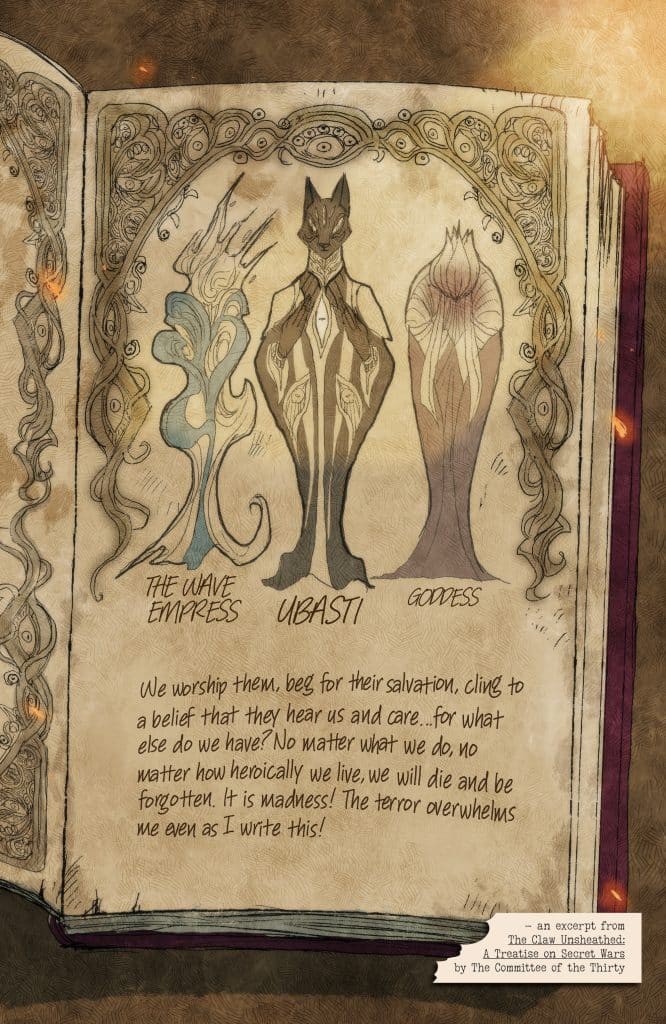 An illustrated page from a book, featuring three mystical figures: The Wave Empress on the left, Ubasti in the center, and a Goddess on the right. The text expresses a plea for salvation and reflects on human mortality and despair.