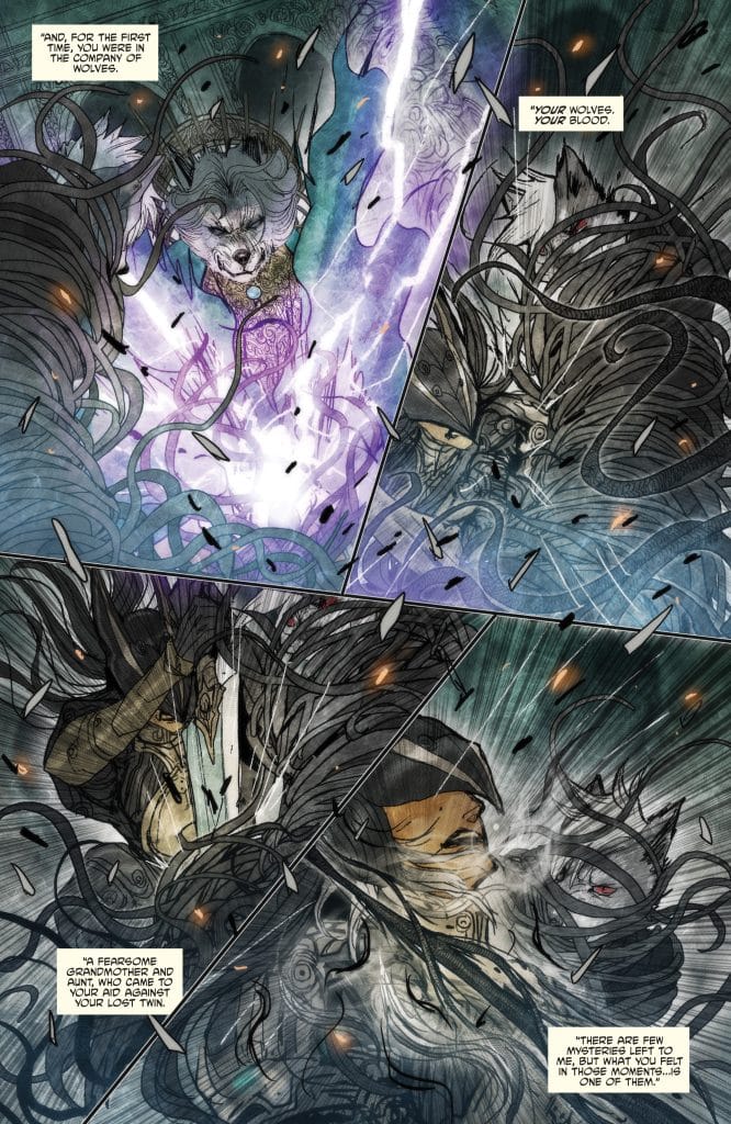 A dramatic comic panel featuring a mystical wolf character surrounded by swirling energy, conveying an intense emotional moment. The wolf is adorned in ornate clothing, with bright light emanating from above, while another character appears partially obscured with intricate designs in the background.