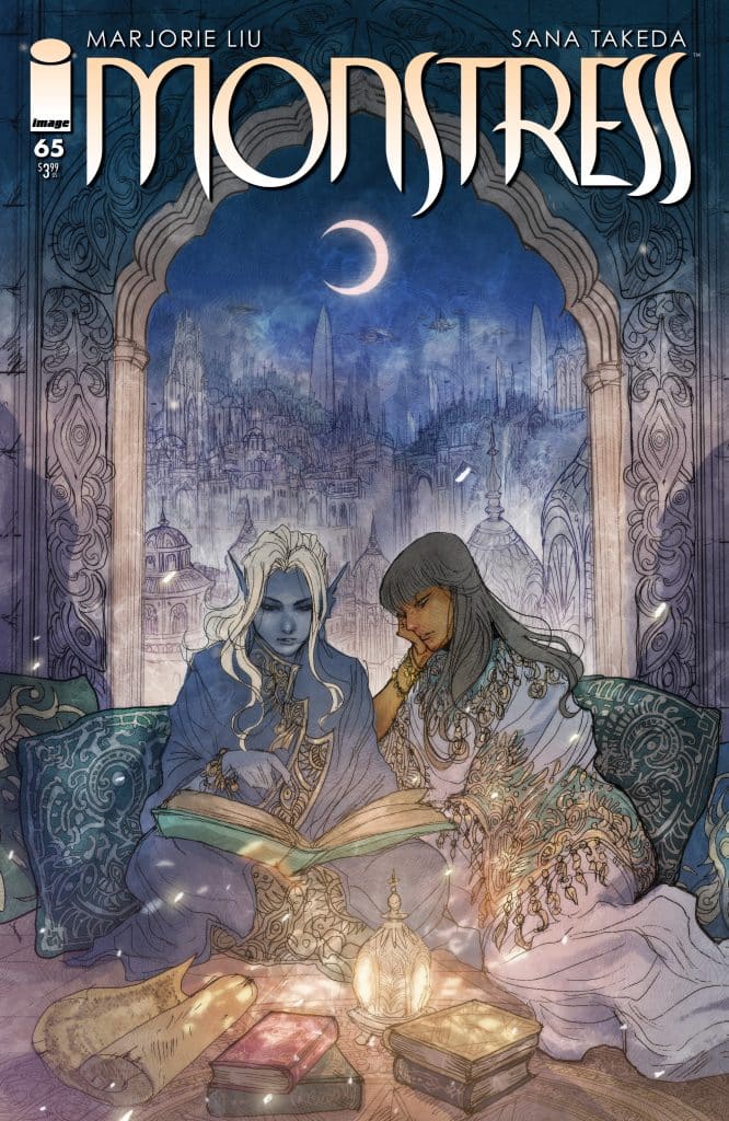 Cover art for the comic 'Monstress' featuring two characters, one with blue skin and white hair and the other with dark hair, sitting together with an ancient book in a mystical, ornate setting illuminated by a lantern.