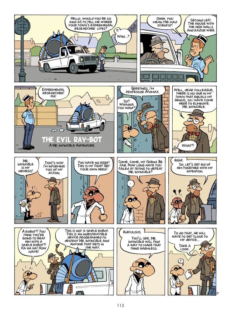A comic strip featuring a conversation between a police officer and a man in a lab coat, discussing an experimental researcher. The scene includes a cartoonish truck with a device labeled 'The Evil Ray-Bot' and various characters with exaggerated expressions.