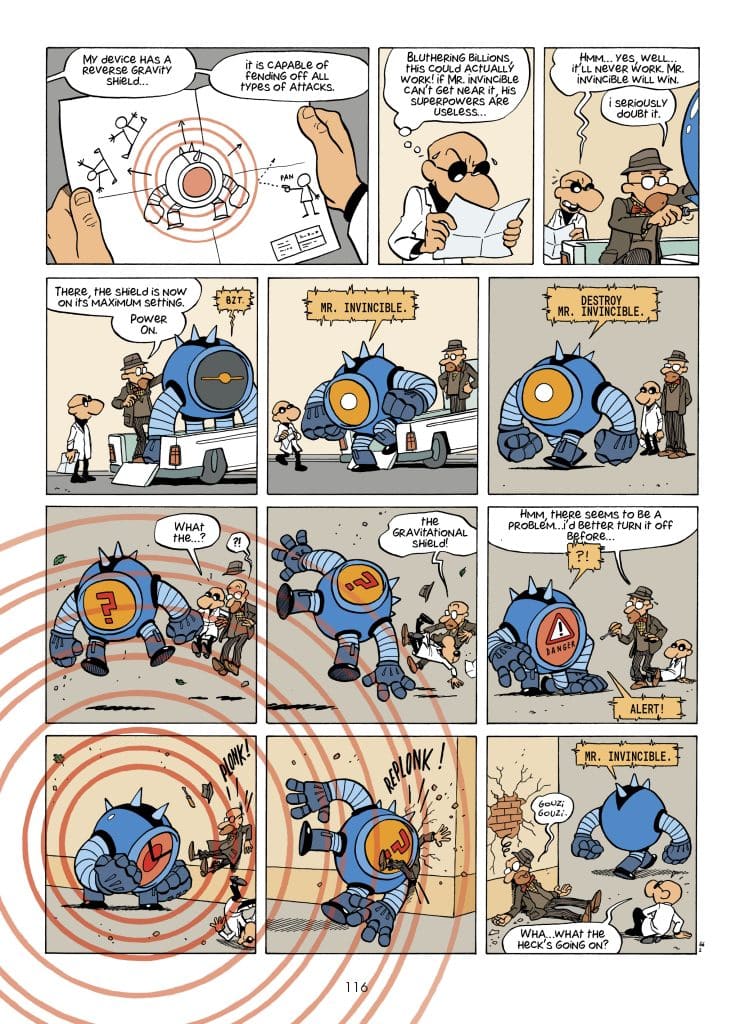 A comic strip featuring a character named Mr. Invincible and a device with a reverse gravity shield. Characters discuss its capabilities while a robotic figure named Mr. Invincible expresses concerns about potential malfunctions.
