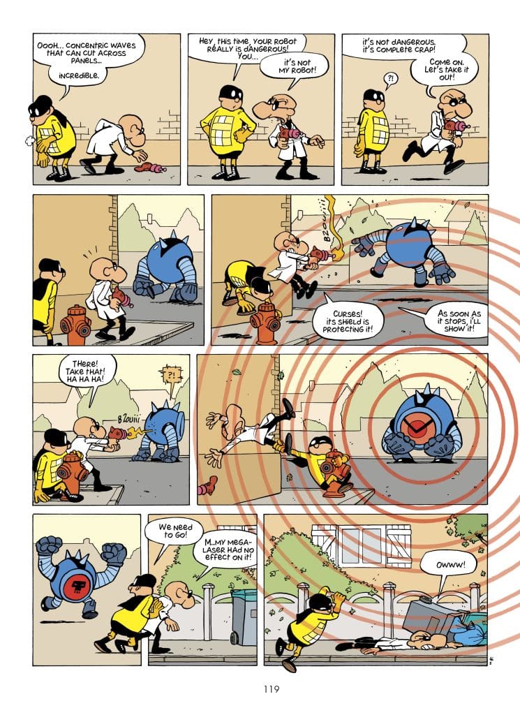 A comic panel featuring two cartoon characters discussing a malfunctioning robot while another character attempts to demonstrate its features. The robot appears formidable, with concentric wave effects indicated in the background. Characters express surprise and frustration as the robot's shield protects it from attacks.