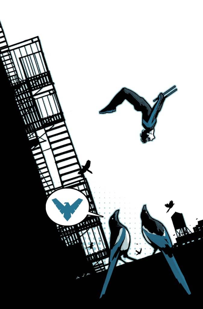 A stylized comic illustration featuring a figure in a diving pose against a stark white background, with a tall building on the left side. Two birds in the foreground observe the scene, and a symbol resembling the letter 'W' appears in a speech bubble.