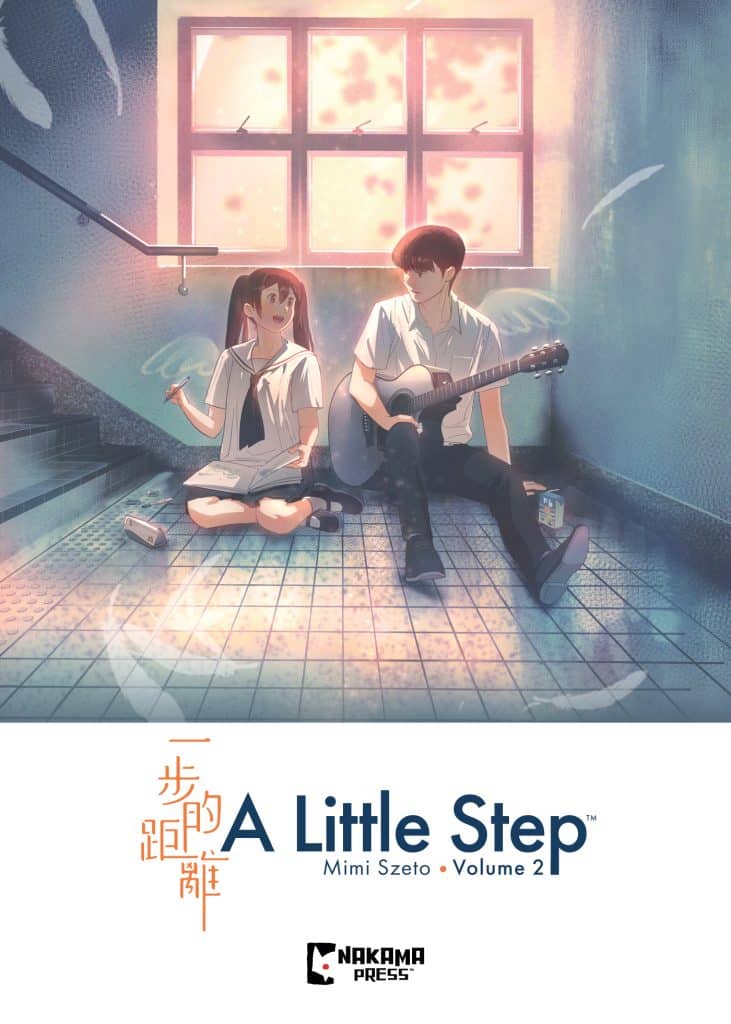 A romantic scene depicting a boy playing guitar and a girl sitting beside him in a stairwell, with a window illuminating the background and a whimsical atmosphere.
