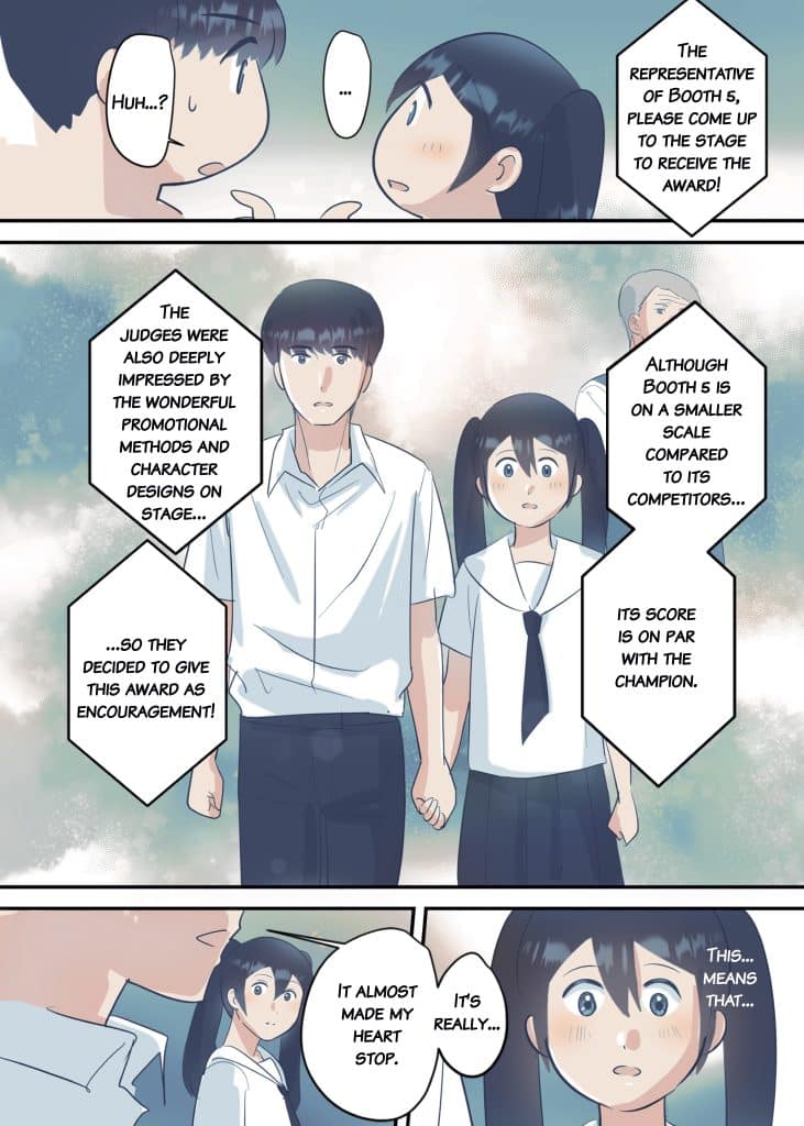 A manga-style illustration featuring two characters, a boy and a girl, standing together on stage, holding hands. The girl looks surprised while the boy appears thoughtful. Speech bubbles convey that the judges were impressed with their booth, mentioning an award for encouragement.