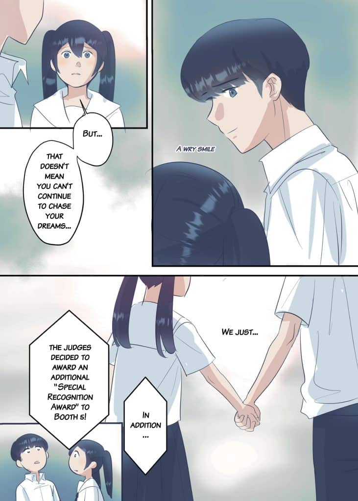 A conversation between two characters, one male and one female, as they hold hands. The male character has a wry smile while encouraging the female character to continue pursuing her dreams, despite a hint of uncertainty in her expression.