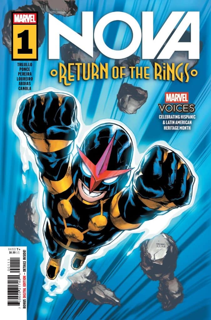 Cover of Marvel's comic book 'Nova: Return of the Rings', featuring the superhero Nova flying through space with a blue and white background.