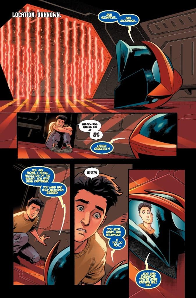 A comic book scene featuring a young man named Sam Alexander sitting on the floor, looking confused and frightened. There is a futuristic helmet nearby and glowing red energy in the background, suggesting a dramatic and unknown location.