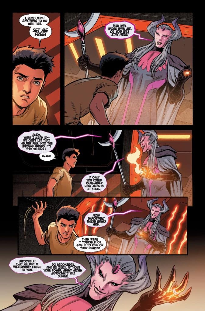 A tense confrontation between two characters in a comic book setting. One character, looking fearful, is sitting and facing a powerful, threatening figure who wields a magical staff. Speech bubbles convey their dialogue about the importance of a helmet and the stakes involved.